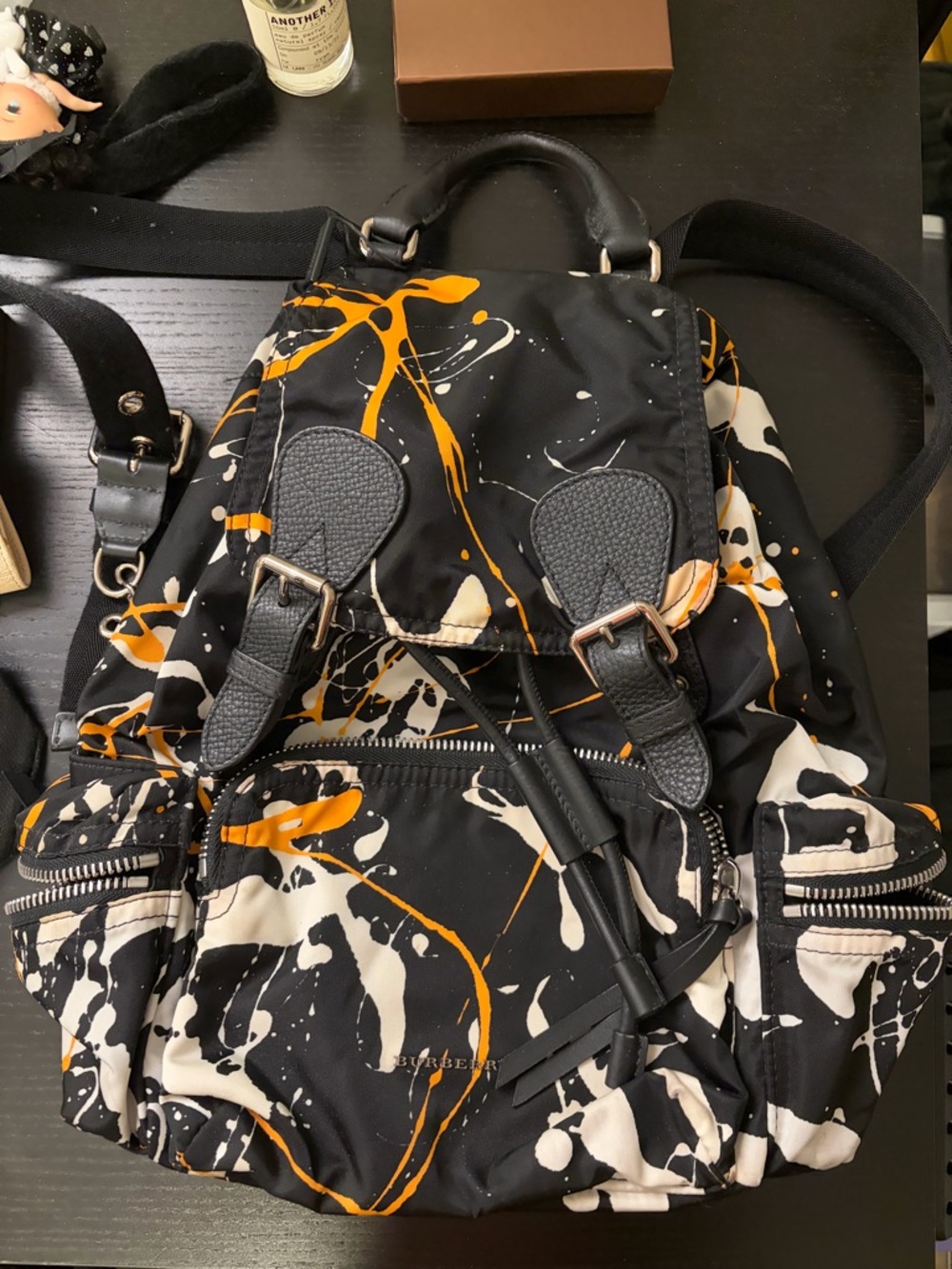 Burberry Black, Orange & Cream Paint-Splash Nylon Backpack with tags